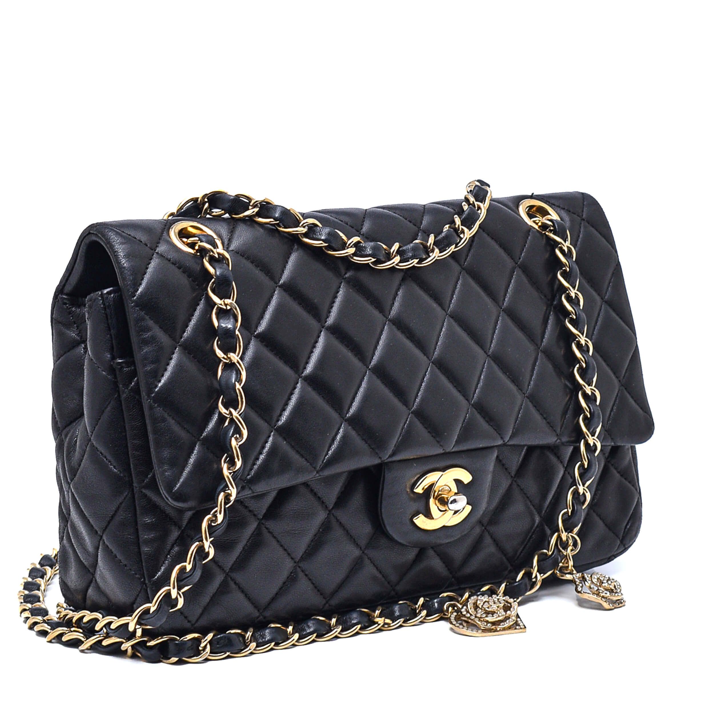 Chanel- Black Quilted Lambskin Leather Camelia Charm Single Medium Flap Bag